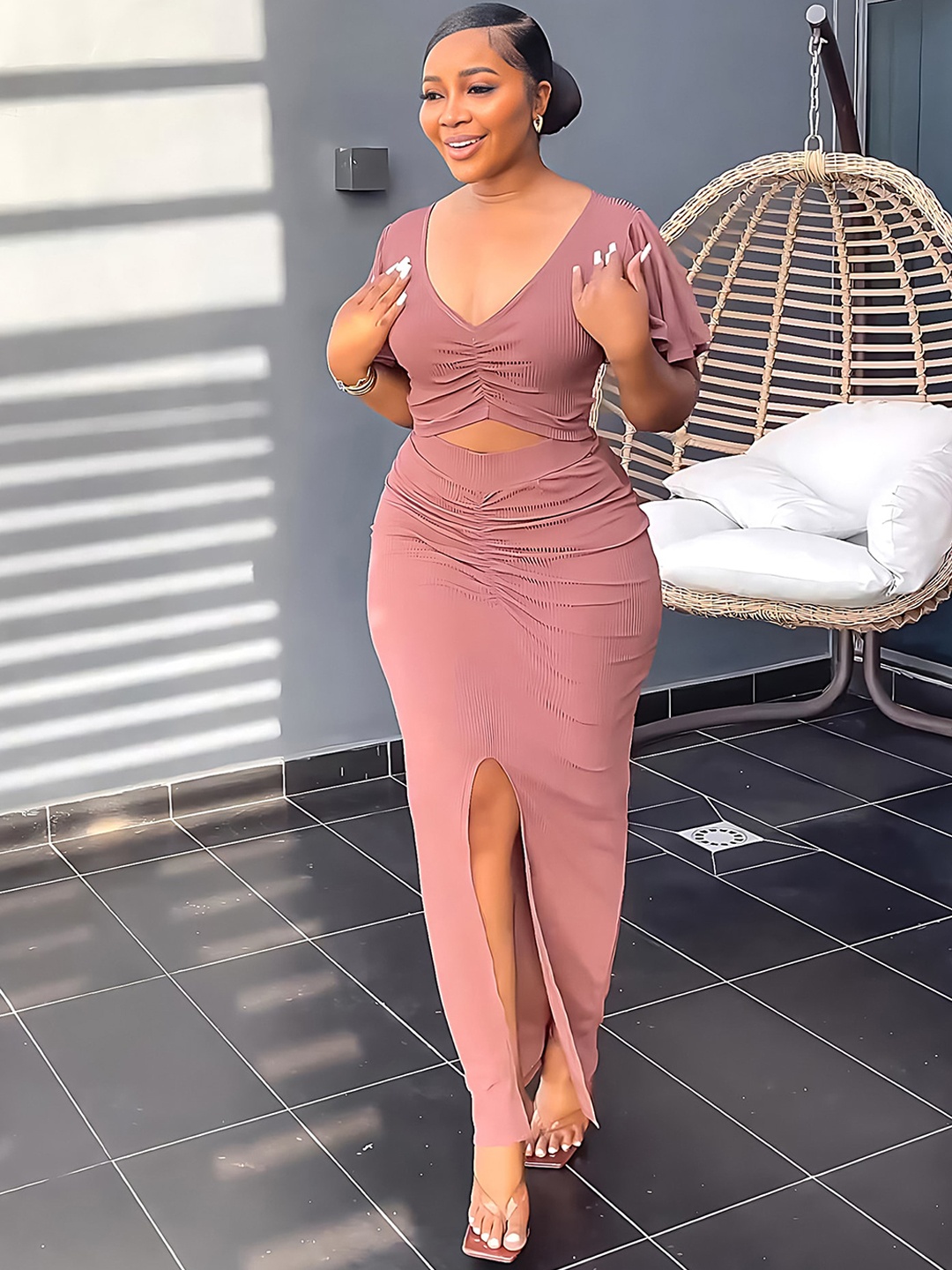 

LULU & SKY V-Neck Flared Sleeves Top With Maxi Skirt Co-Ords, Pink