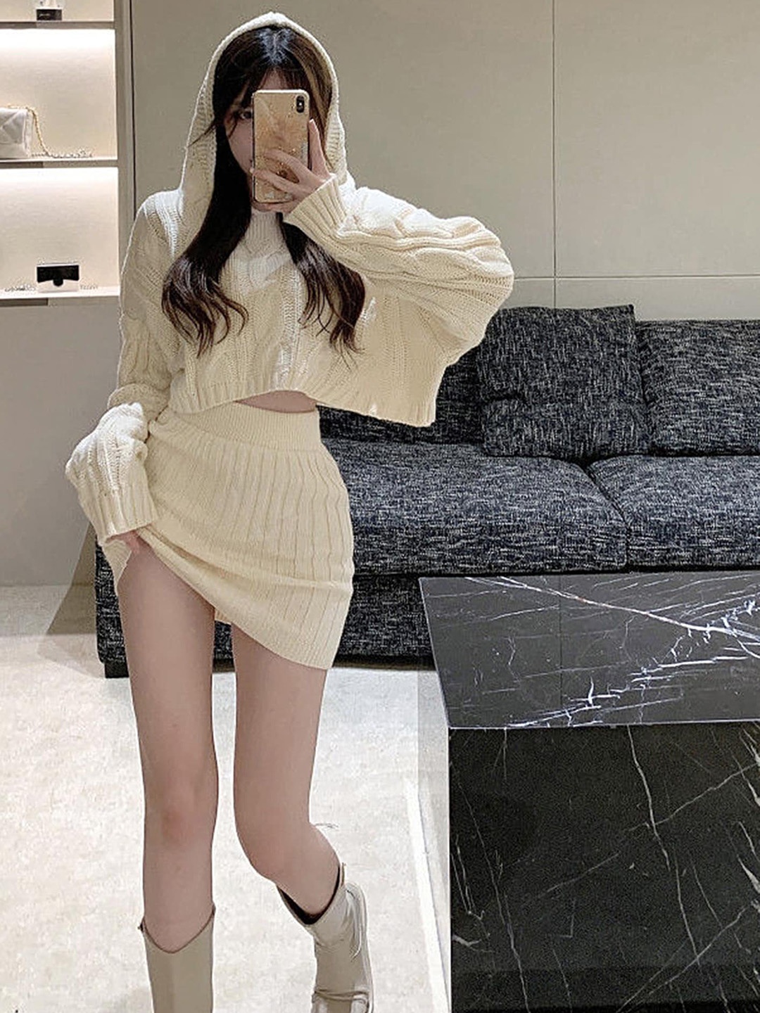 

LULU & SKY Self Design Hooded Jumper With Skirt, Off white