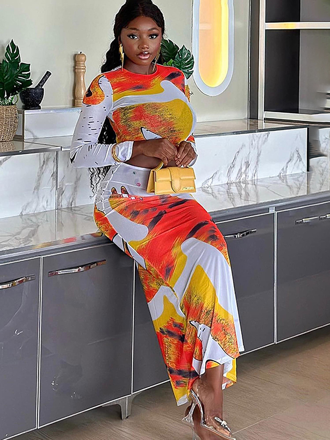 

LULU & SKY Abstract Printed Crop Top With Maxi Skirt Co-Ords, Orange