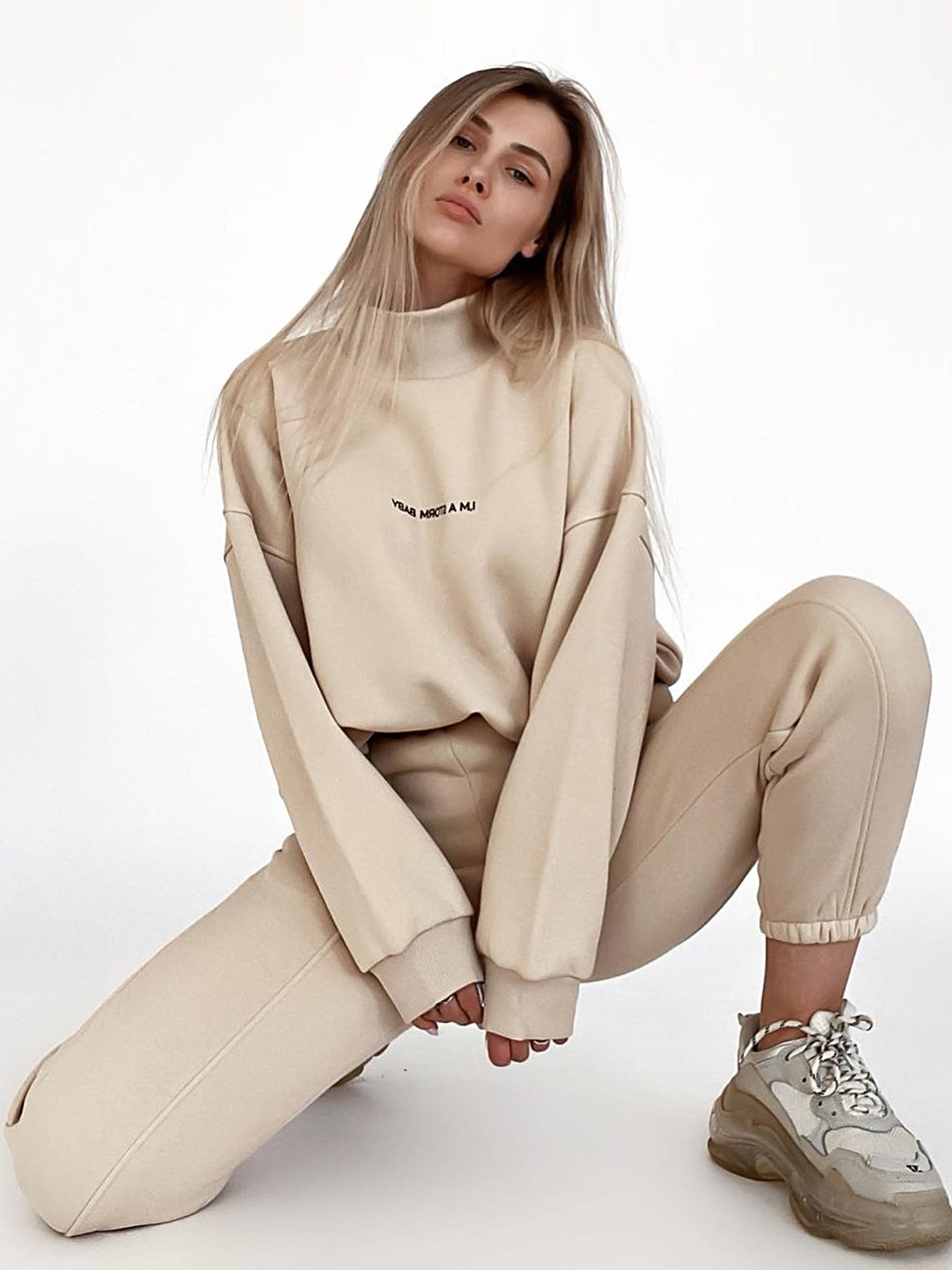 

LULU & SKY High Neck Drop Shoulder Sweatshirt With Joggers Co-Ords, Beige