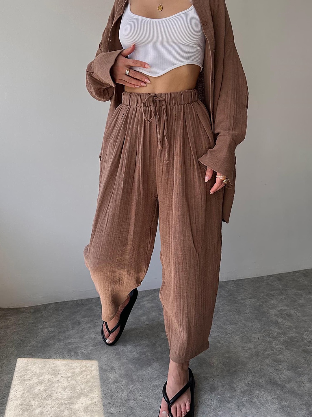 

LULU & SKY Collar Neck Shirt With Flared Trousers Co-Ords, Camel brown