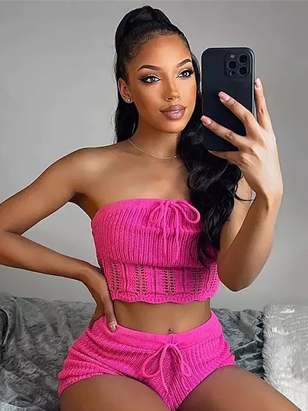 

LULU & SKY Self Design Strapless Crop Top With Shorts Co-Ords, Pink
