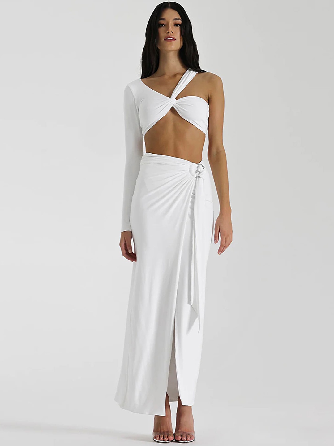 

LULU & SKY One Shoulder Crop Top With High Slit Maxi Skirt Co-Ords, White