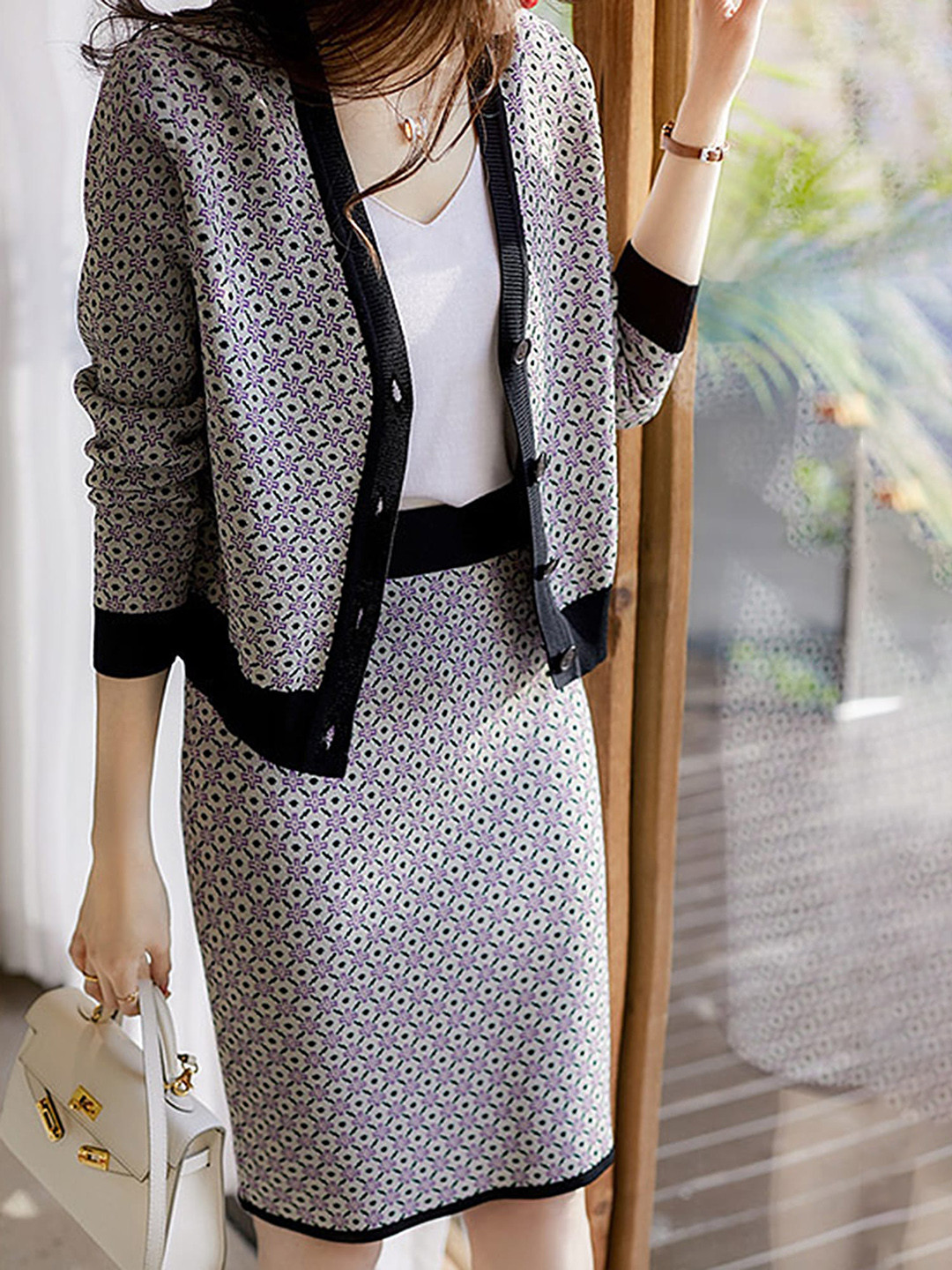 

LULU & SKY Geometric Printed Cardigan With Mini Skirt, Black