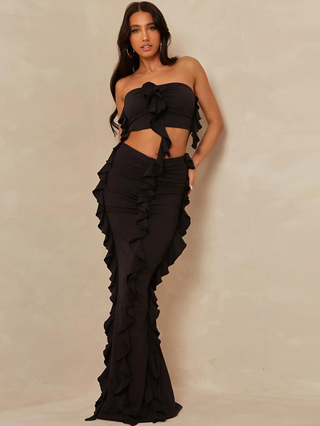 

LULU & SKY Strapless Tube Top With Drape Fishtail Maxi Skirt Co-Ords, Black