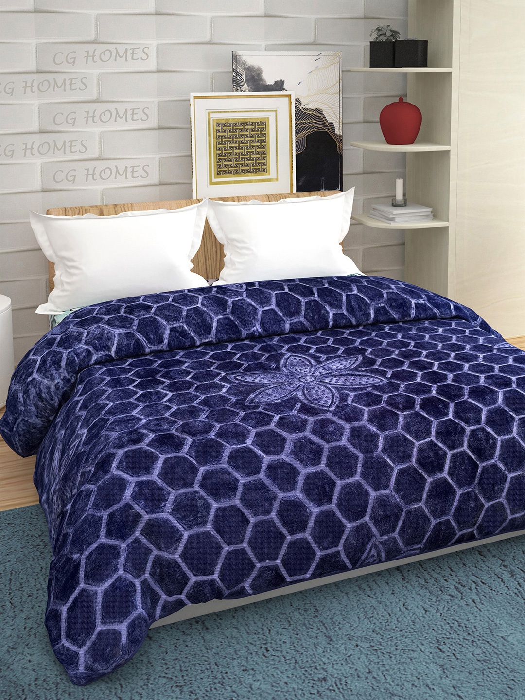 

CG HOMES Blue & White Geometric Mink Heavy Winter 350 GSM Double Bed Blanket
