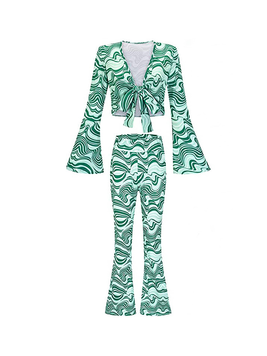 

LULU & SKY Printed Tie Up Neck Top & Trousers, Green