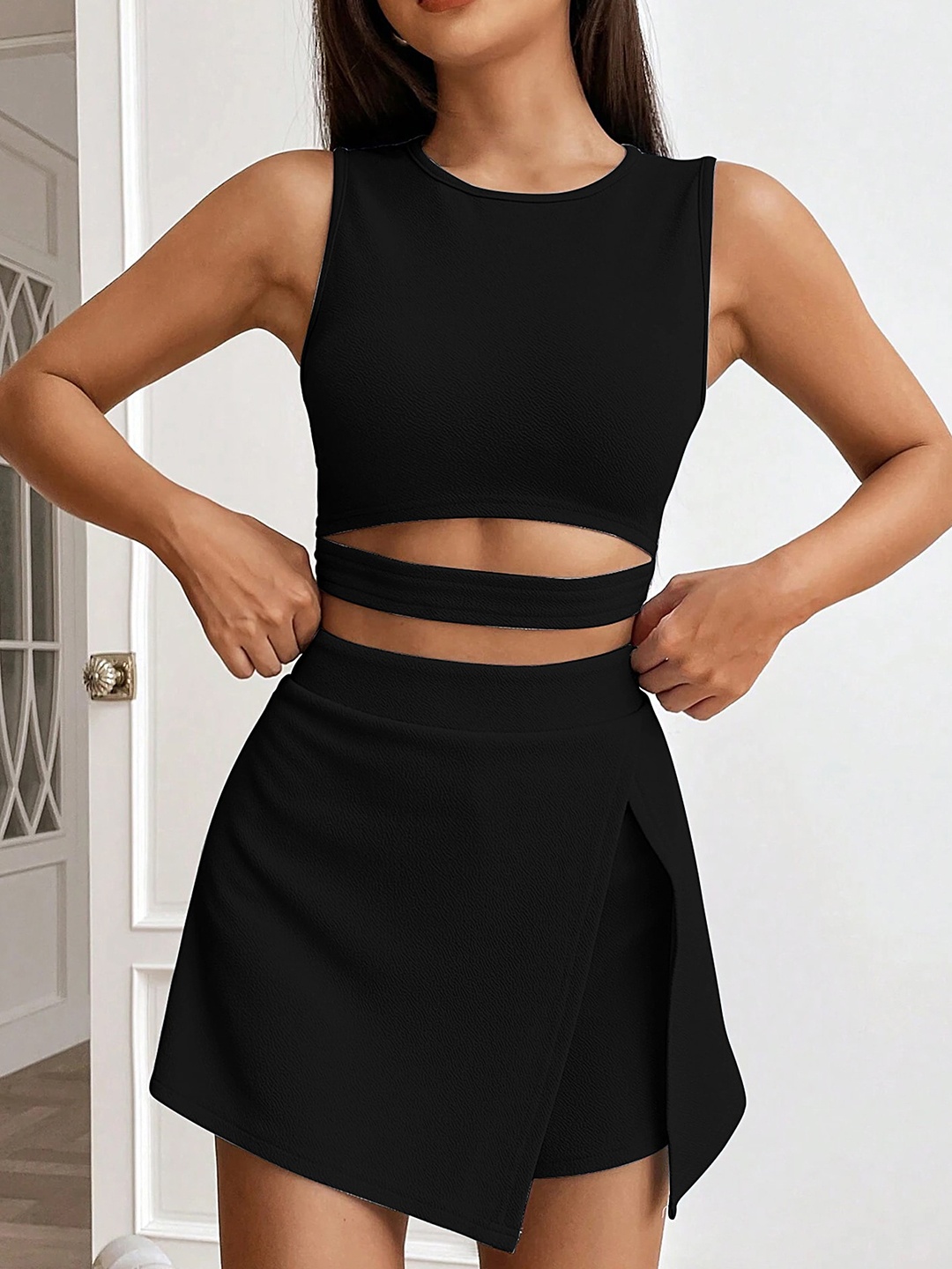 

LULU & SKY Round Neck Crop Top With Mini Skirt, Black