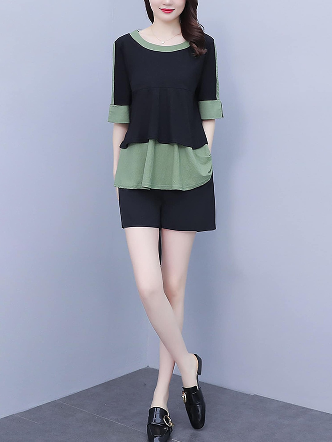 

LULU & SKY Round Neck Longline Top With Shorts Co-Ords, Black