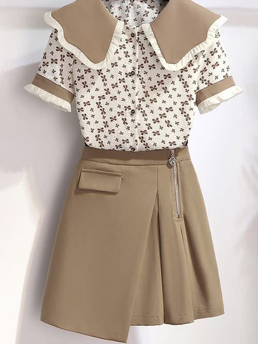 

LULU & SKY Floral Printed Above The Keyboard Collar Top With Skater Mini Skirt Co-Ords, Khaki