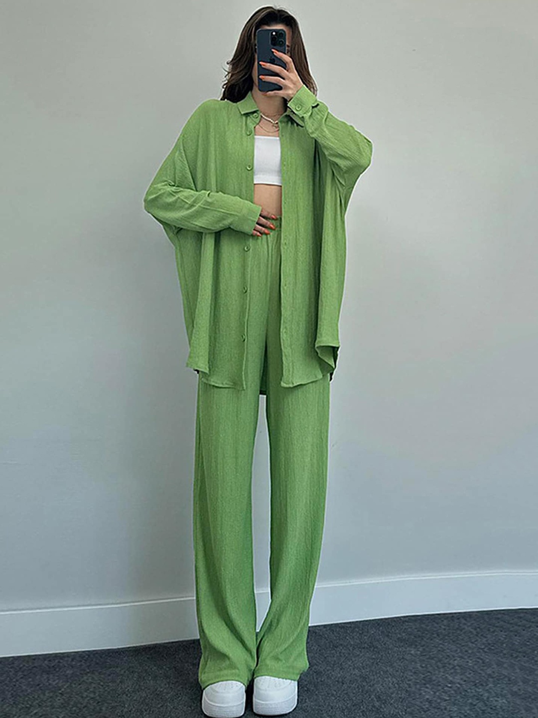 

LULU & SKY Shirt Collar Drop Shoulder Shirt & Trousers Co-Ords, Green