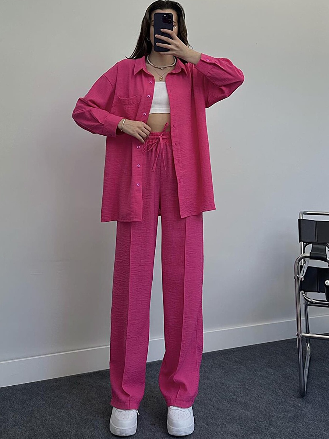 

LULU & SKY Shirt Collar Drop Shoulder Shirt & Trousers Co-Ords, Pink