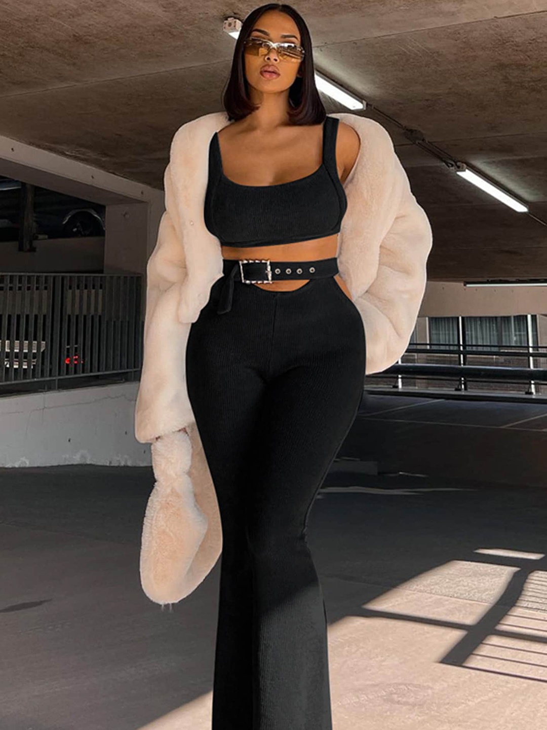 

LULU & SKY Square Neck Ribbed Crop Top & Trouser Co-Ords, Black