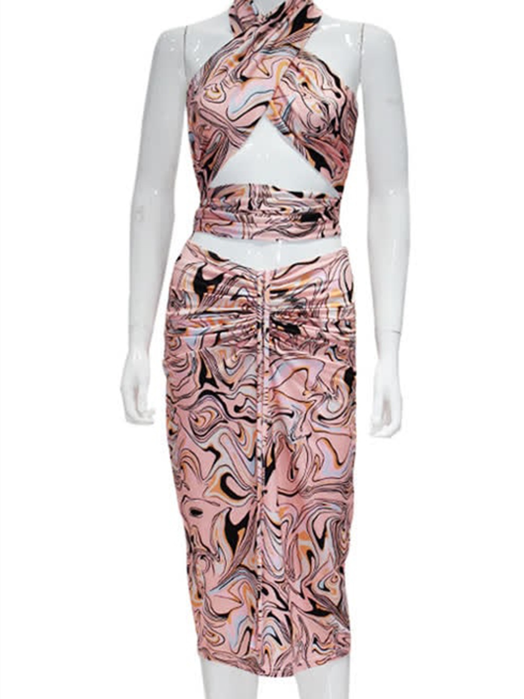 

LULU & SKY Halter Neck Cut-Out Detail Crop Top With Midi Skirt Co-Ords, Pink