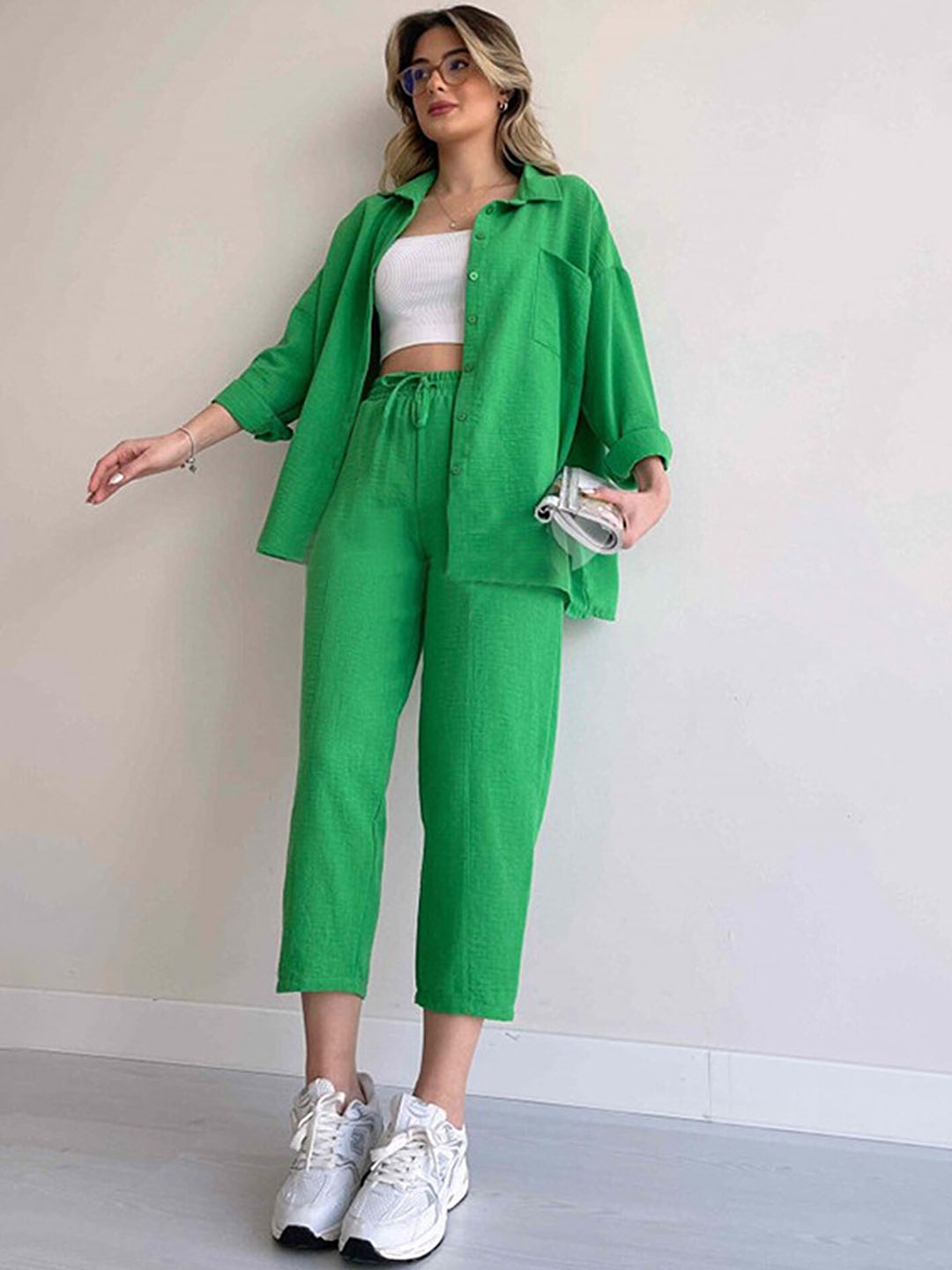 

LULU & SKY Shirt Collar Long Sleeves Shirt With Trousers Co-Ords, Green