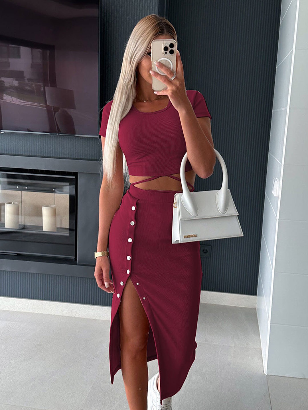 

LULU & SKY Round Neck Crop Top With High Slit Pencil Midi Skirt Co-Ords, Maroon