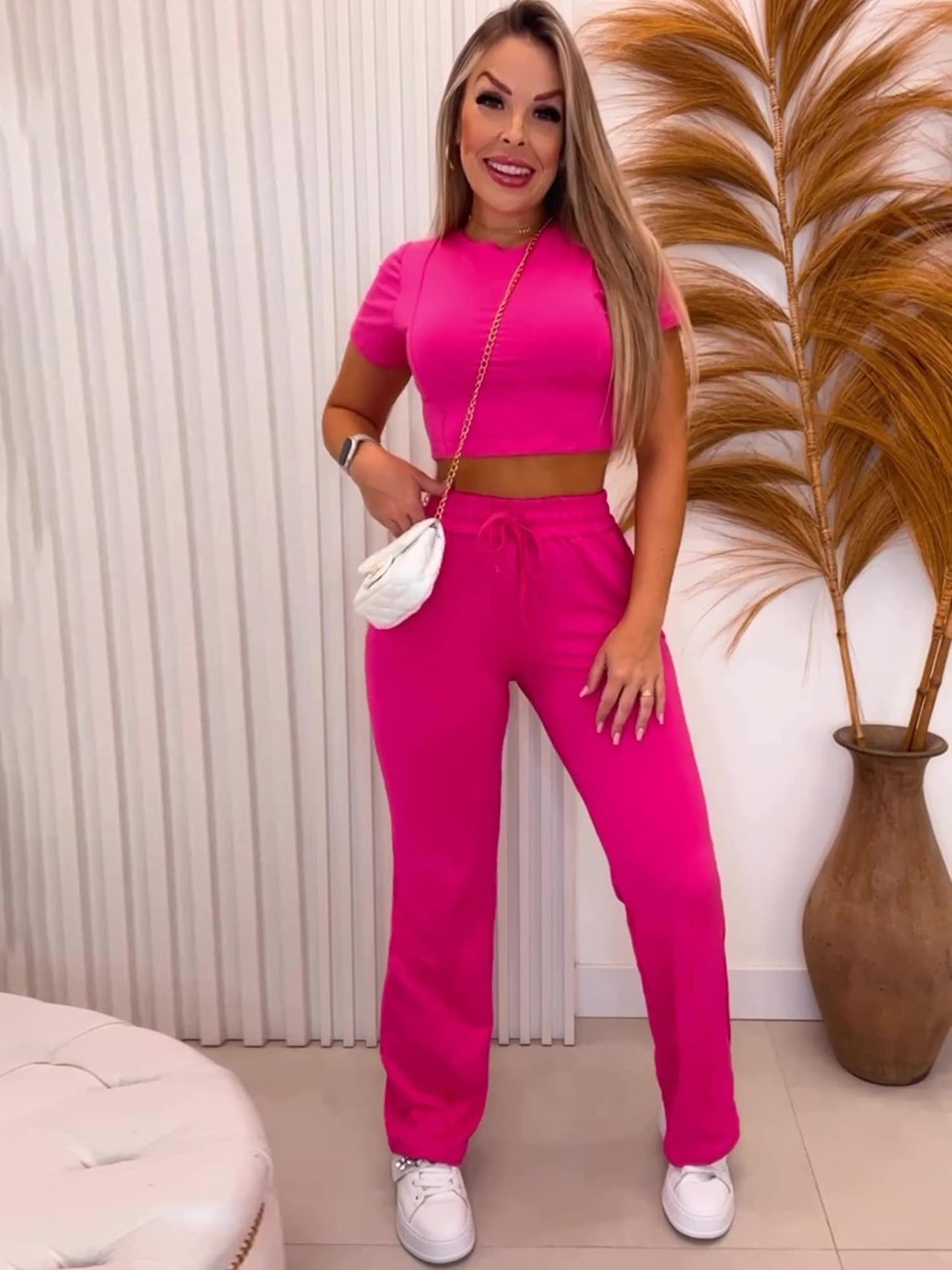 

LULU & SKY Round Neck Crop Top With Trousers, Pink