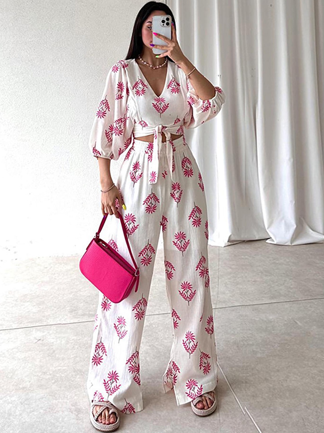 

LULU & SKY Floral Printed V-Neck Top With Wide Leg Trouser Co-Ords, White