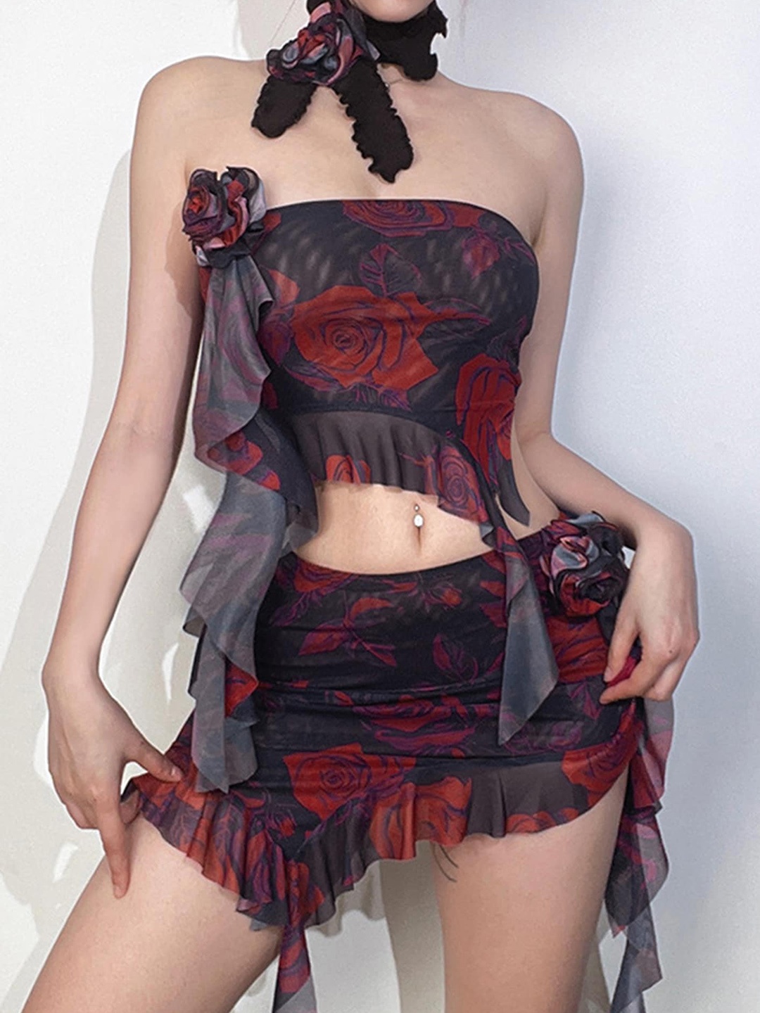 

LULU & SKY Floral Printed Strapless Mesh Top With Mini Skirts, Red
