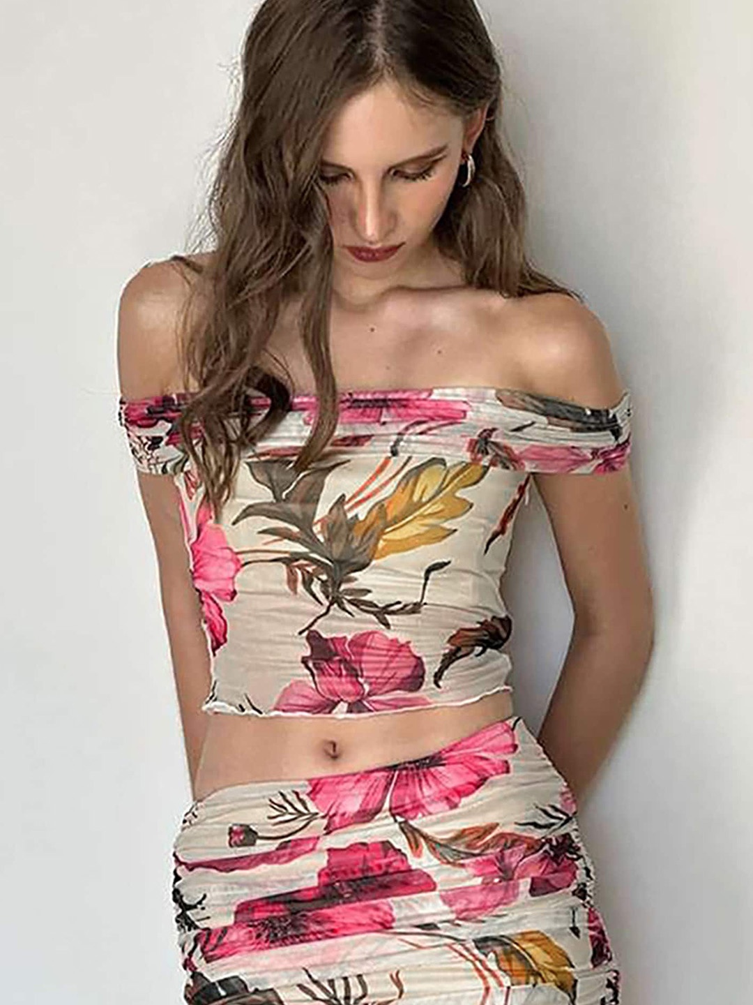 

LULU & SKY Floral Printed Off Shoulder Crop Top With Mini Skirts, Pink