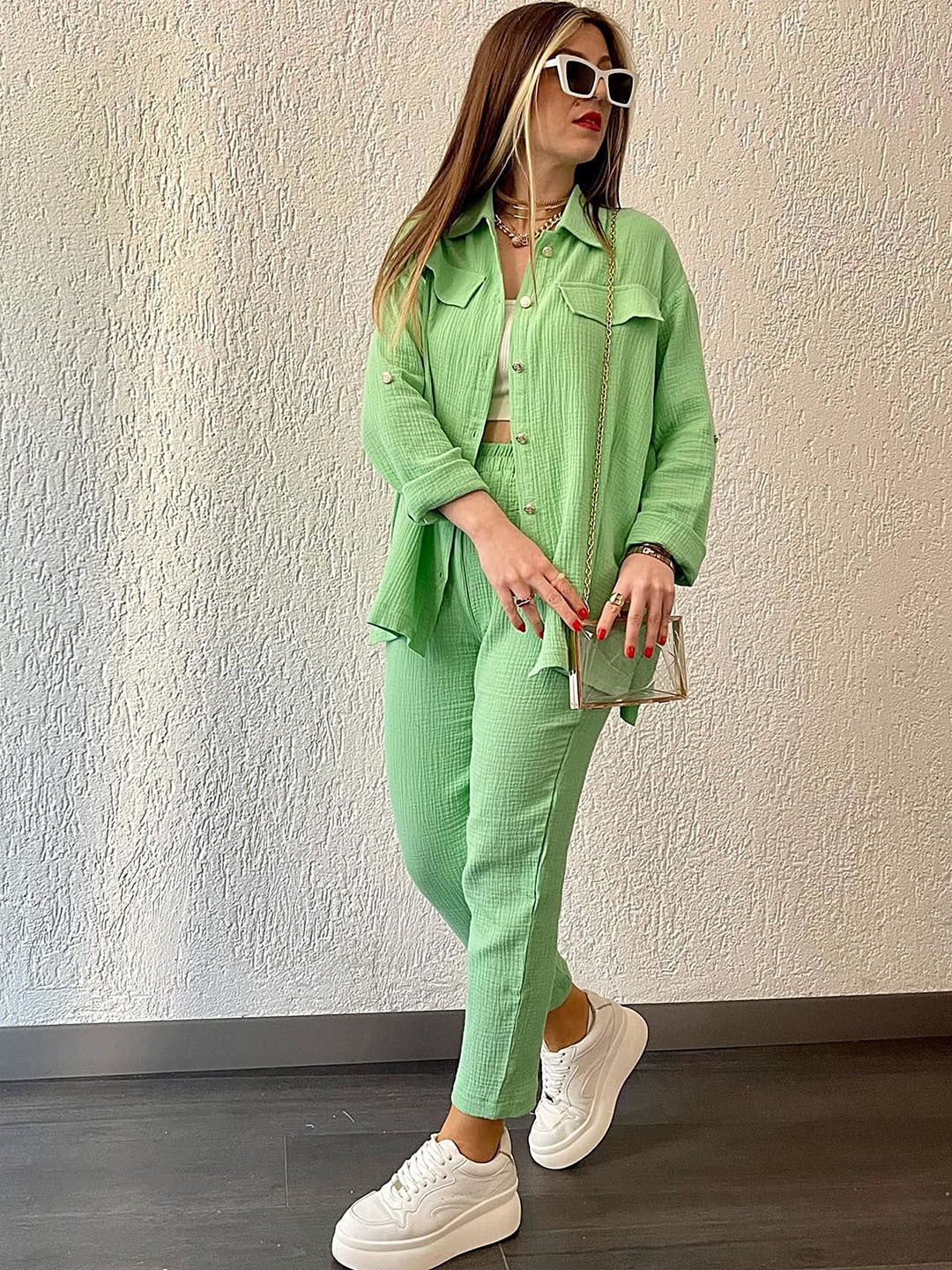 

LULU & SKY Self Design Shirt & Ankle-Length Trousers, Green