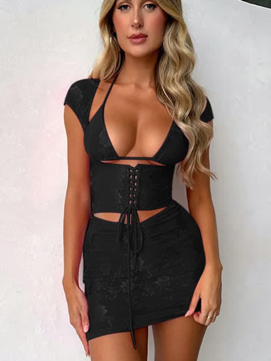 

LULU & SKY Self Design Bikini Top With Corset & Mini Skirts Co-Ords, Black