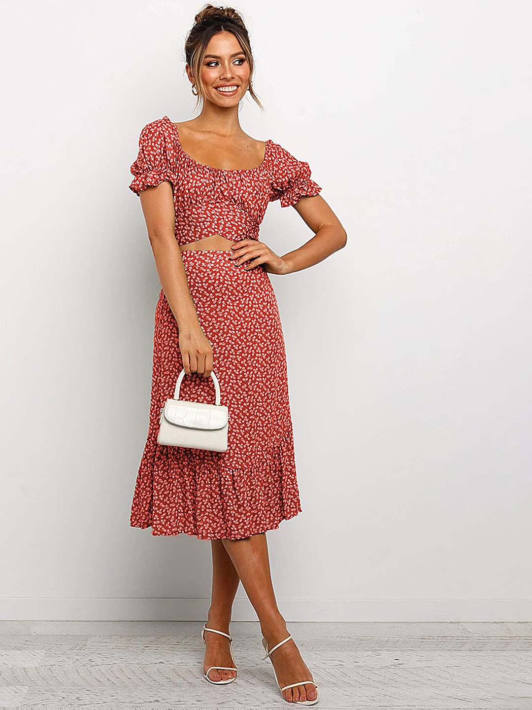 

LULU & SKY Printed Scoop Neck Top With A-Line Ruffled Skirt, Red