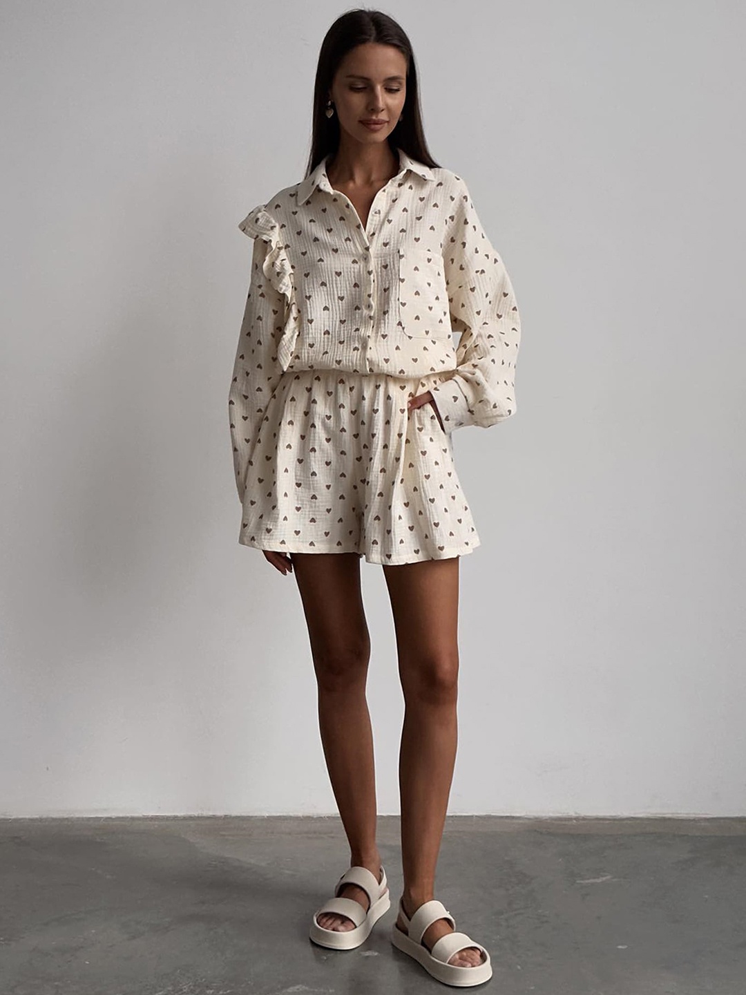 

LULU & SKY Conversational Print Ruffled Shirt with High-Waist Shorts, Off white