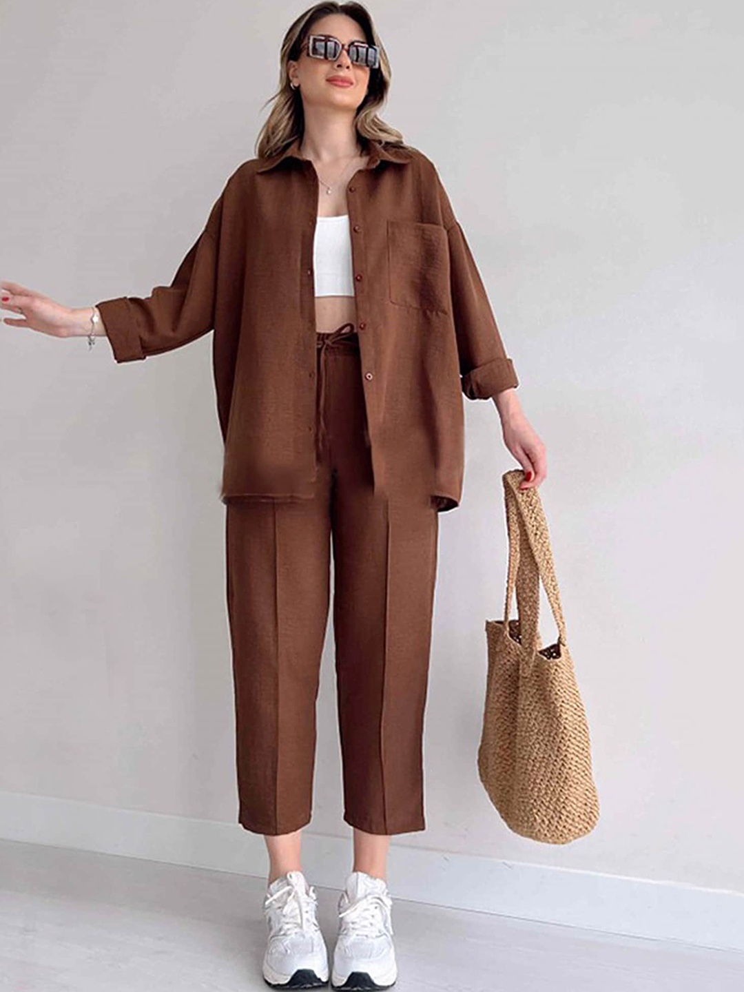 

LULU & SKY Shirt Collar Drop Shoulder Shirt & Trousers Co-Ords, Brown