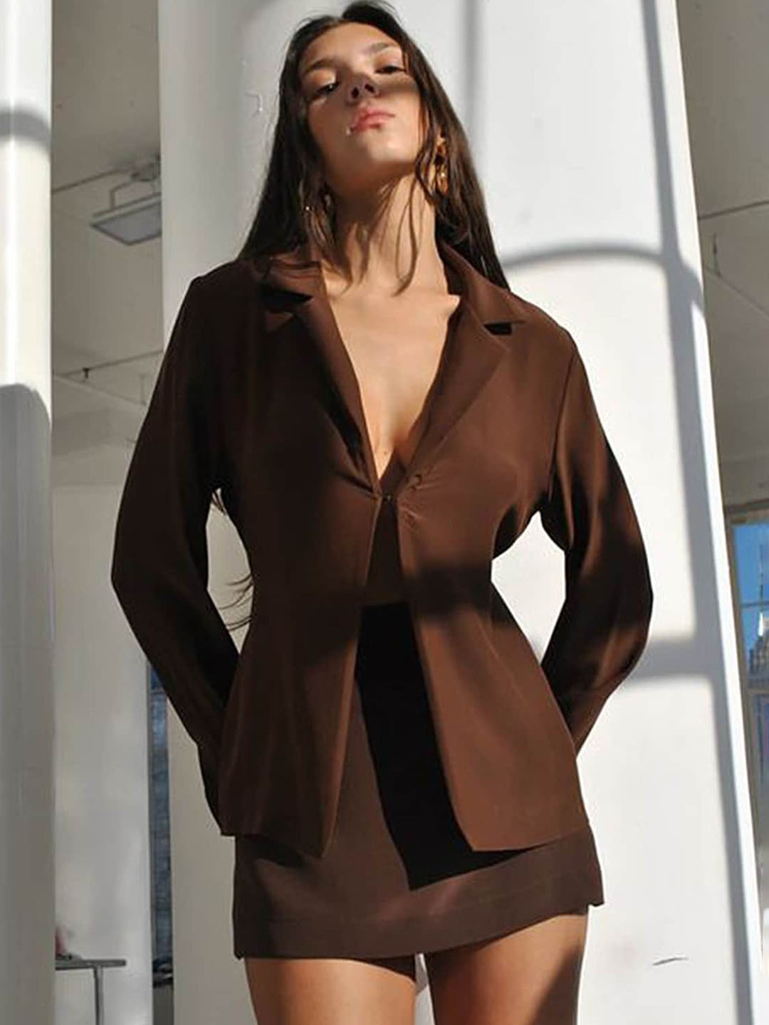 

LULU & SKY Lapel Collar Long Sleeves Shirt With High-Waist Mini Skirt, Brown