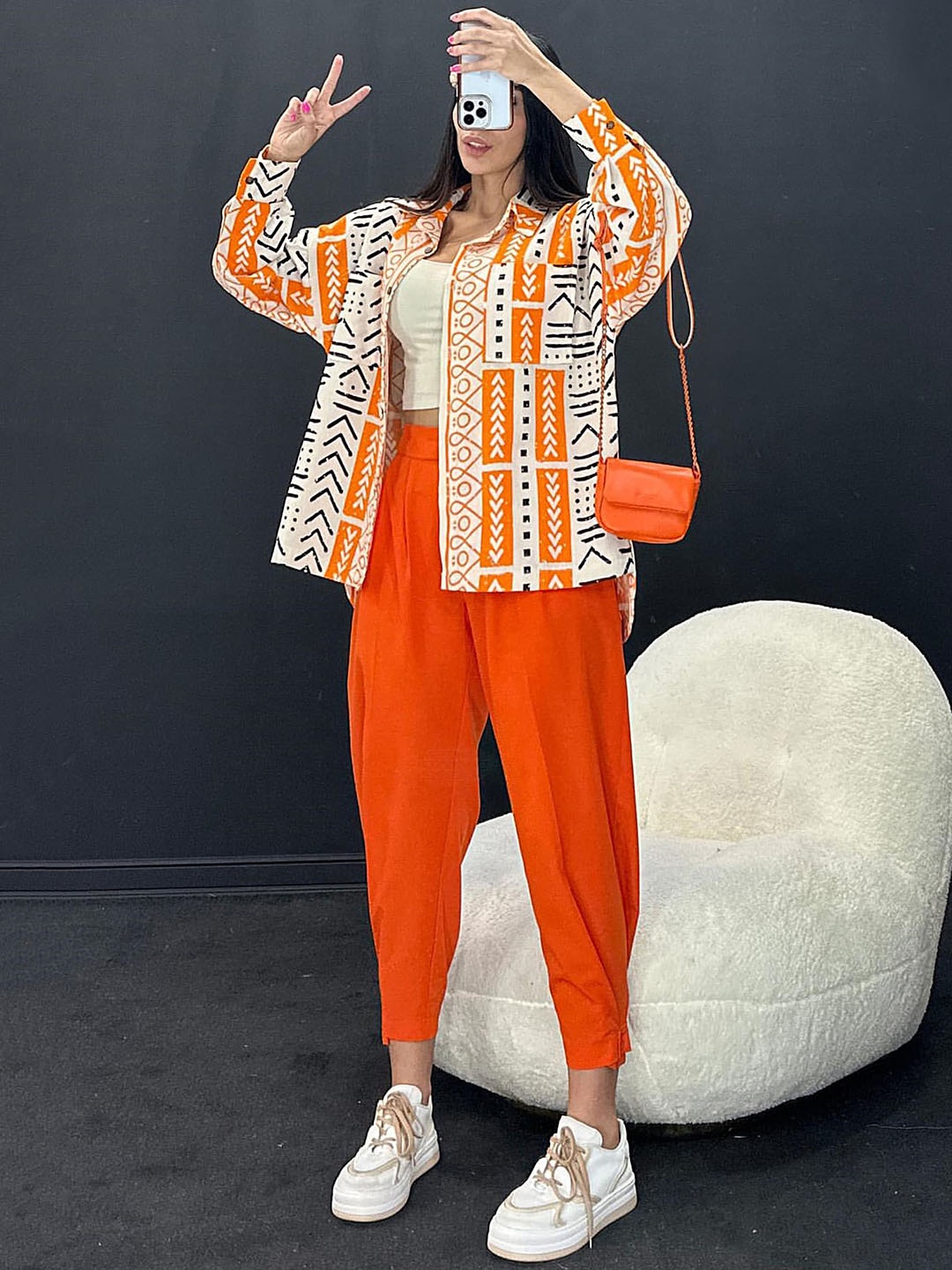 

LULU & SKY Printed Shirt-Collar Shirt With Straight Trouser Co-Ords, Orange