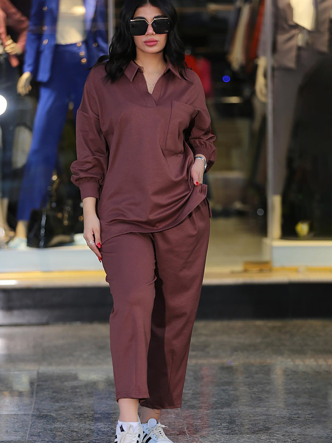 

LULU & SKY Shirt Collar Top & Trousers, Red