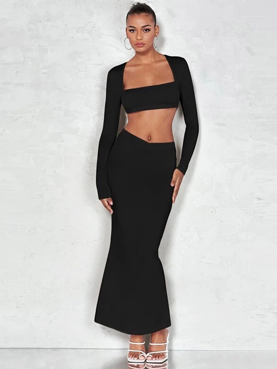 

LULU & SKY Square Neck Crop Top With Pencil Maxi Skirt, Black