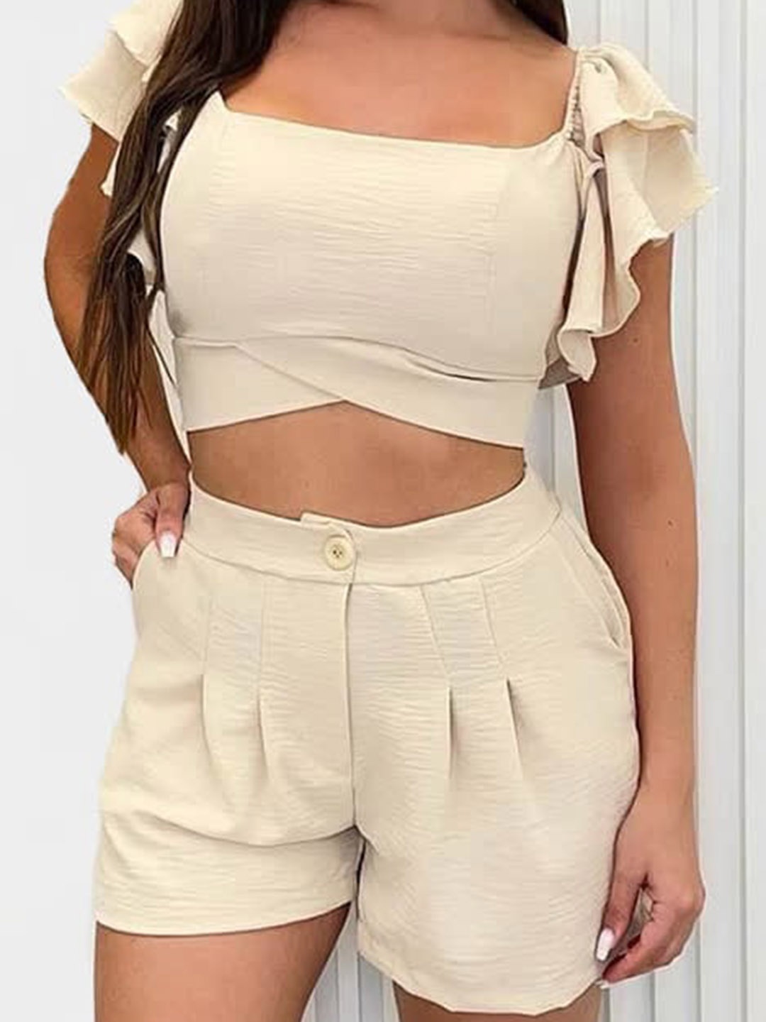 

LULU & SKY Square Neck Crop Top With Pleated Shorts Co-Ords, Off white