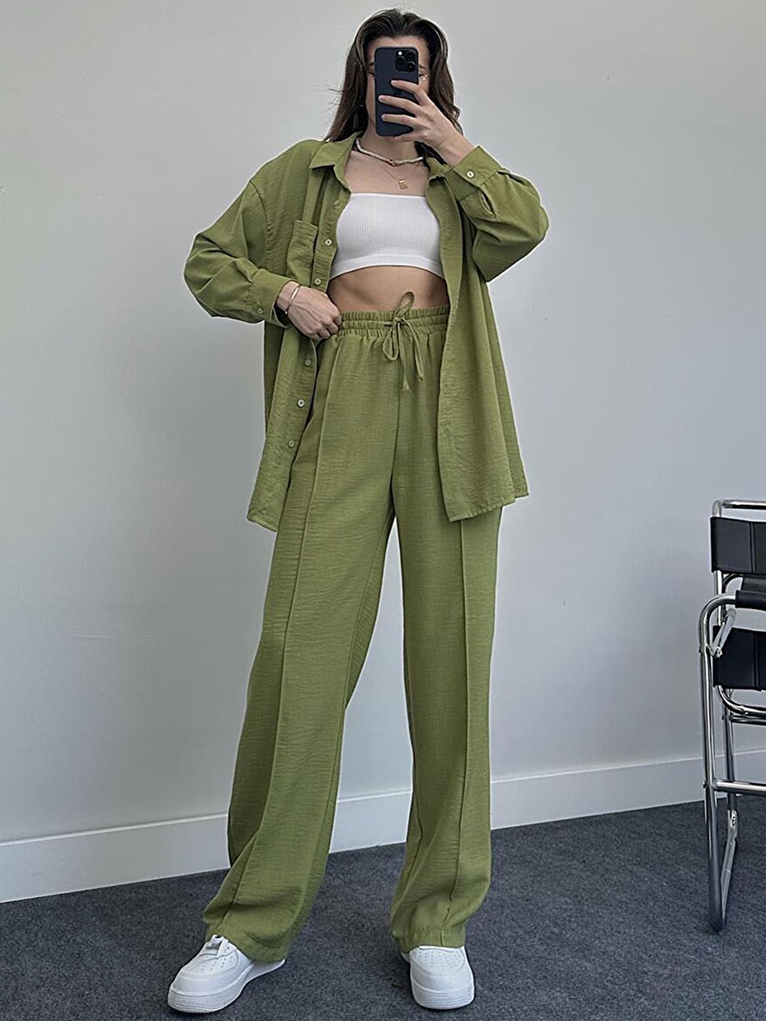 

LULU & SKY Slightly Drop Shoulder Collar Shirt With Trousers Co-Ords, Green
