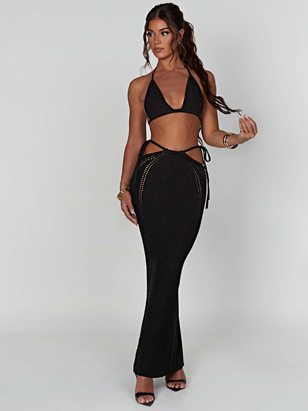 

LULU & SKY Crochet Halter Neck Crop Top With Maxi Skirt Co-Ords, Black
