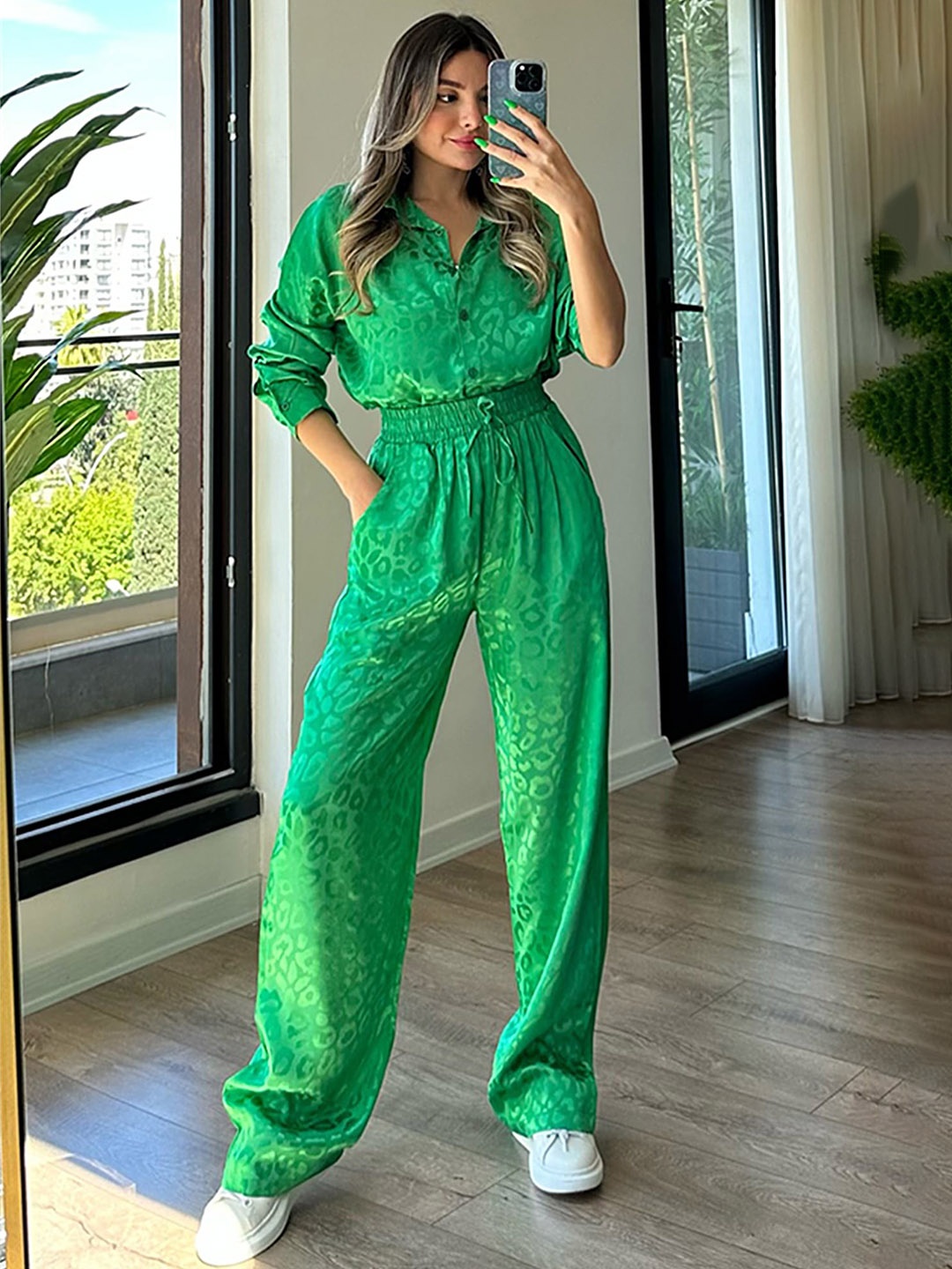 

LULU & SKY Printed Collar Neck Shirt With Flared Trousers, Green