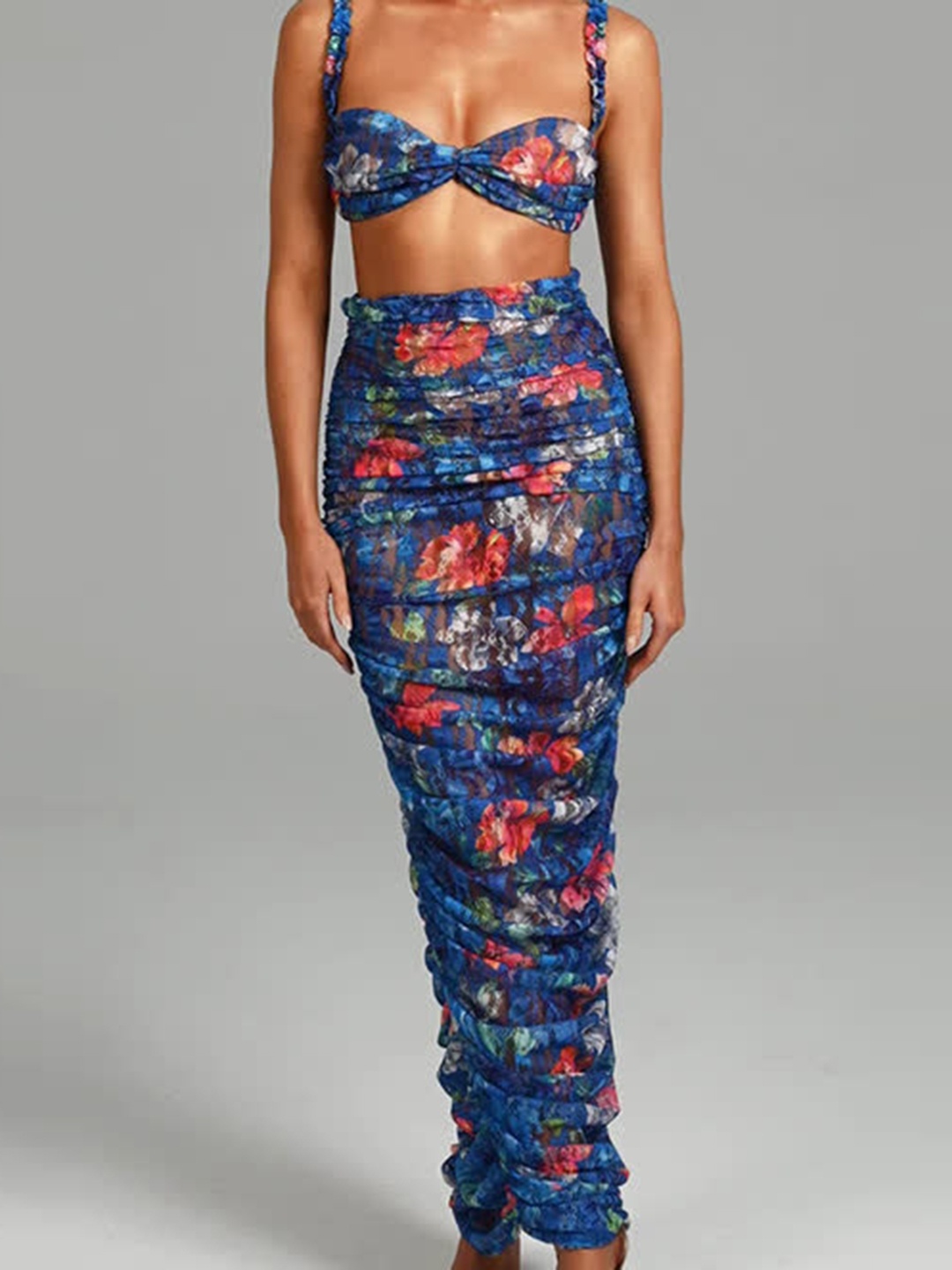 

LULU & SKY Floral Printed Sweetheart Neck Crop Top With Shirred Maxi Skirt Co-Ords, Blue