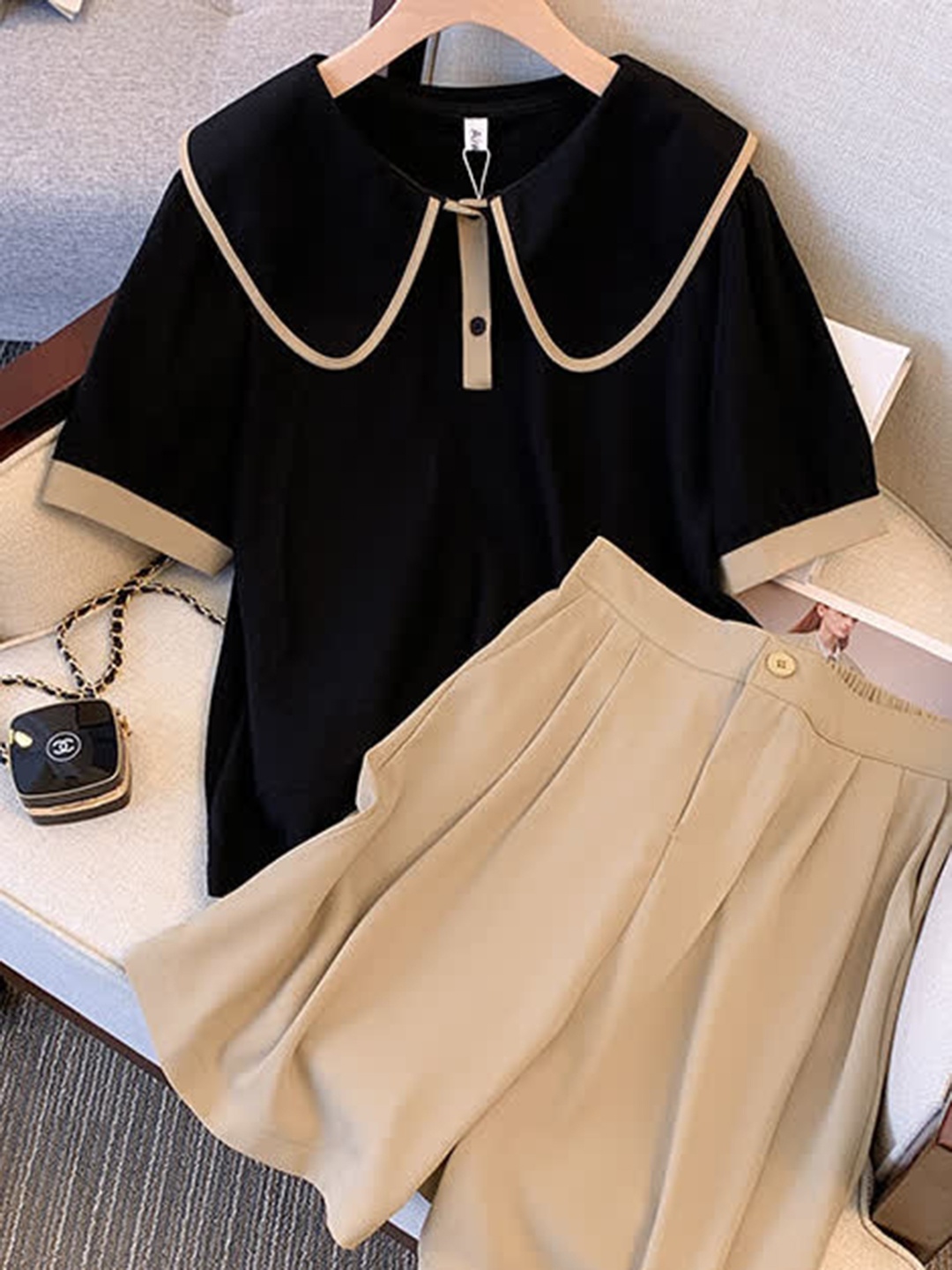 

LULU & SKY Peter Pan Collar T-Shirt With Pleated Shorts Co-Ords, Black