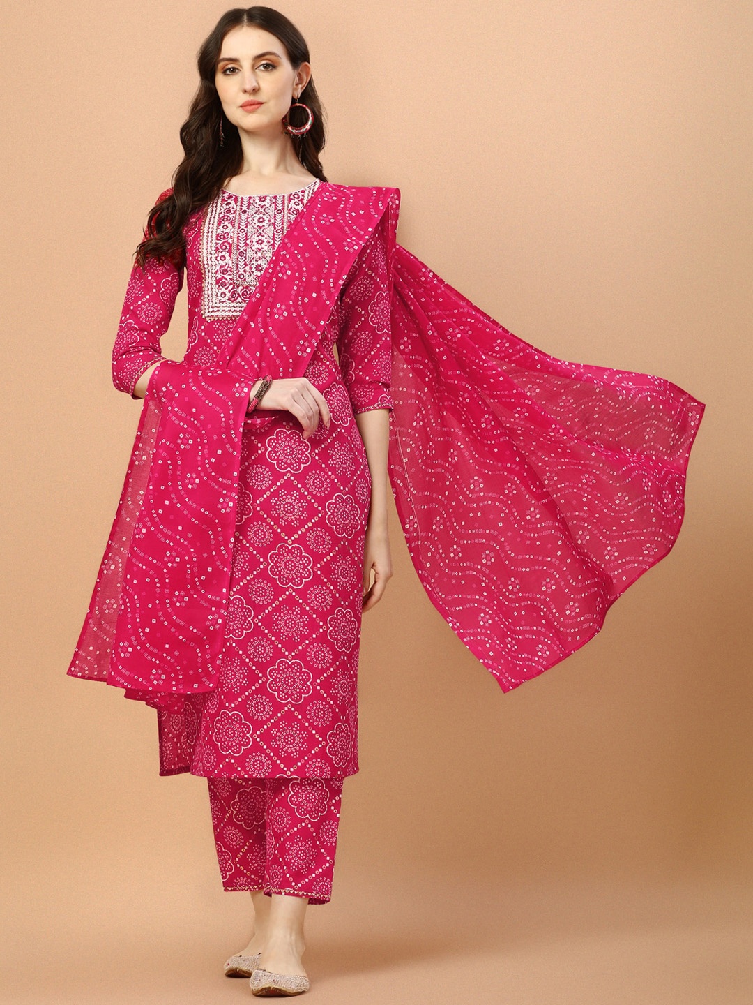 

KALINI Bandhani Printed Pure Cotton Kurta with Trousers & Dupatta, Pink