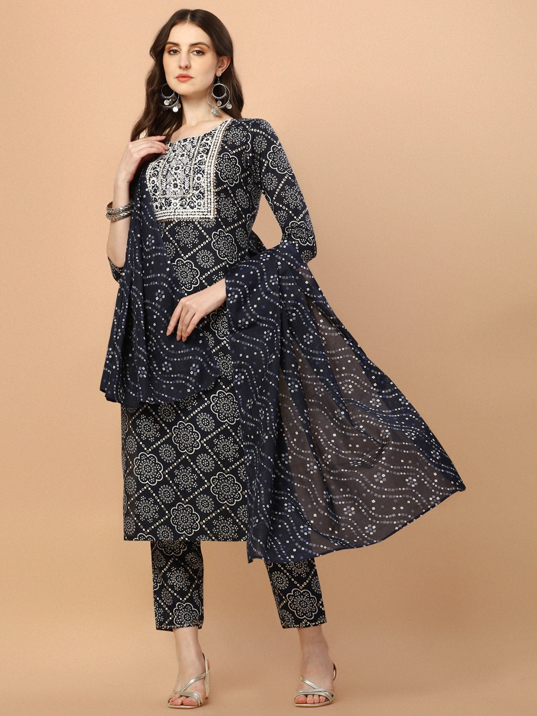 

KALINI Bandhani Printed Regular Thread Work Pure Cotton Kurta with Trousers & Dupatta, Navy blue