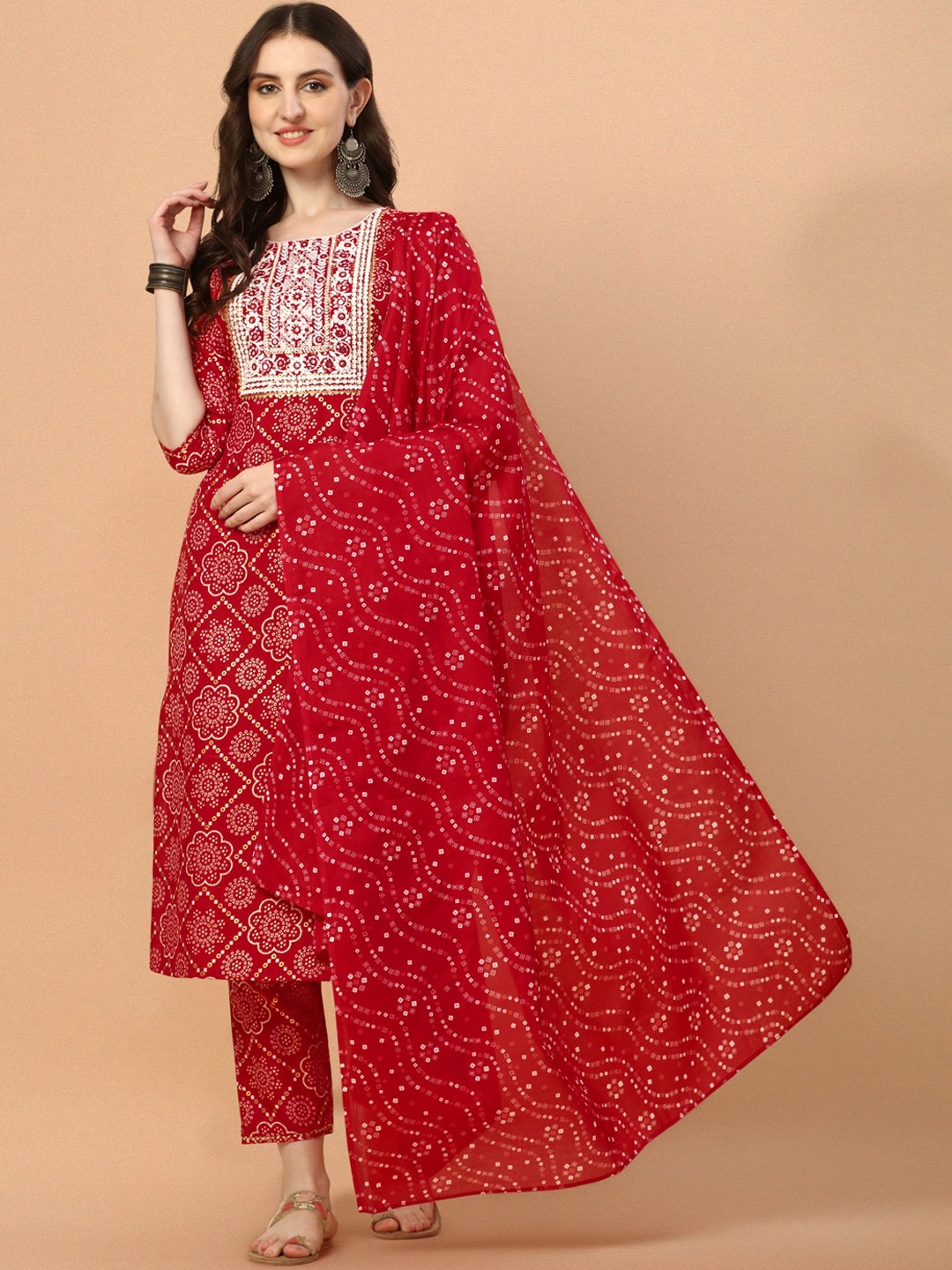 

KALINI Bandhani Printed Regular Thread Work Pure Cotton Kurta with Trousers & Dupatta, Red