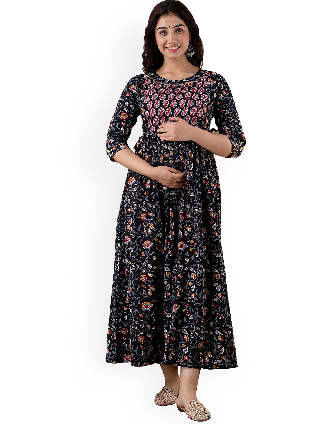

NITVAN Ethnic Motifs Printed Pure Cotton Maternity Ethnic Dress, Black