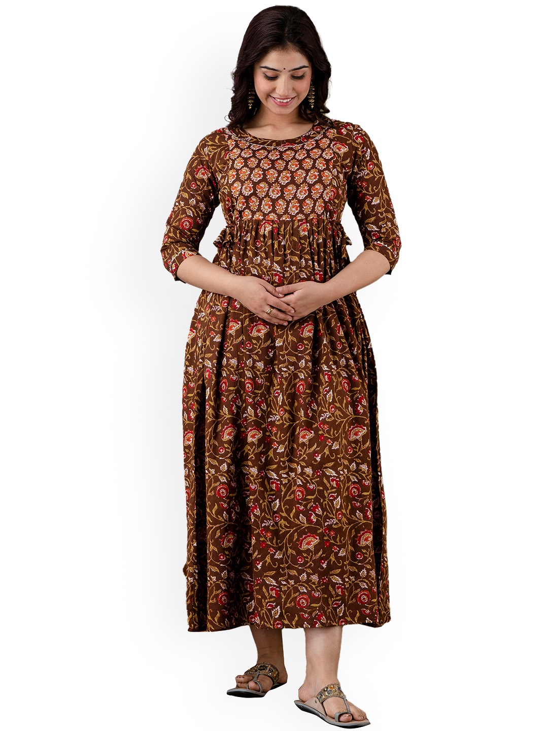 

NITVAN Ethnic Motifs Printed Pure Cotton Maternity Ethnic Dress, Brown