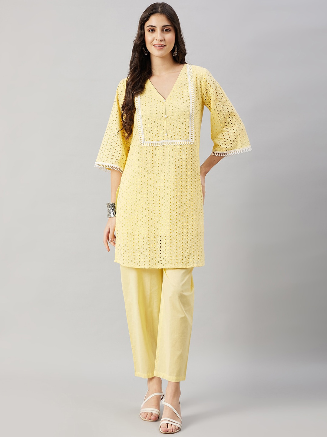 

WineRed Schiffli Thread Work Pure Cotton Kurta With Salwar, Yellow