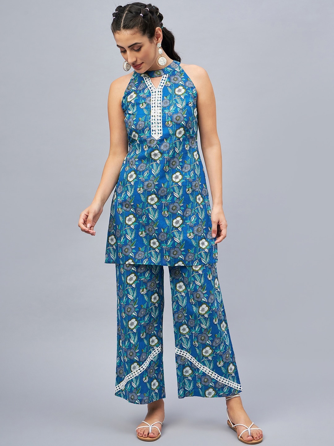 

WineRed Printed Pure Cotton Tunic With Trousers, Blue