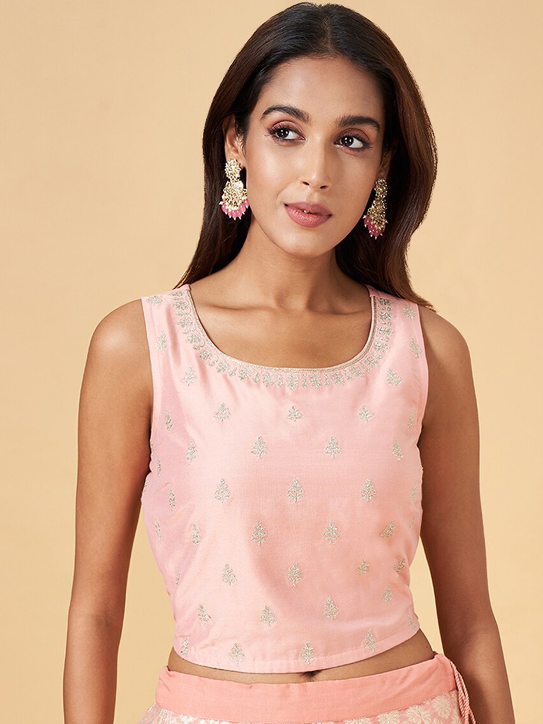 

RANGMANCH BY PANTALOONS Floral Embroidered Scoop Neck Crop Top, Peach