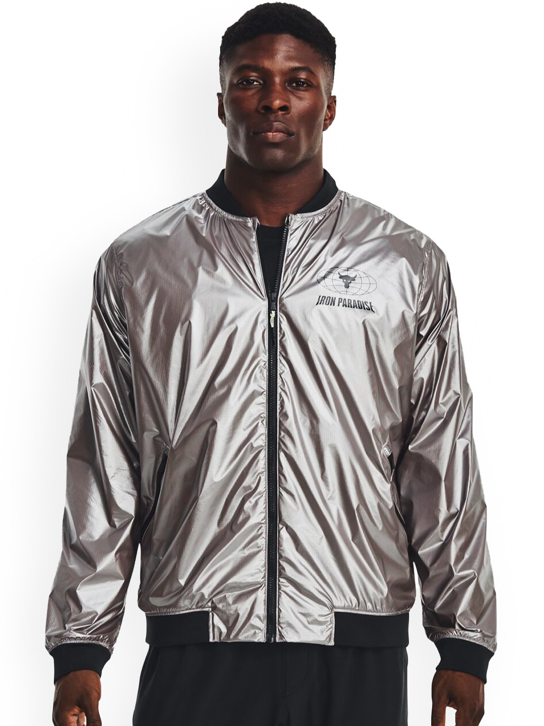 

UNDER ARMOUR Project Rock Disrupt Mandarin Collar Bomber Jacket, Silver