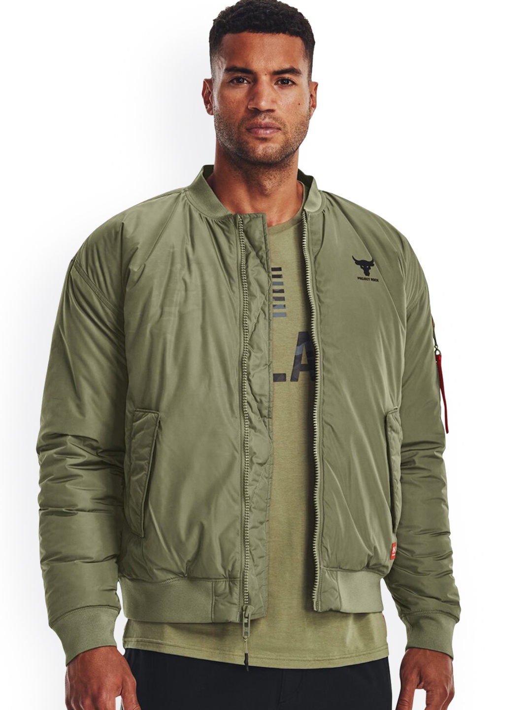 

UNDER ARMOUR Project Rock Insulated Training or Gym Bomber Jacket, Green