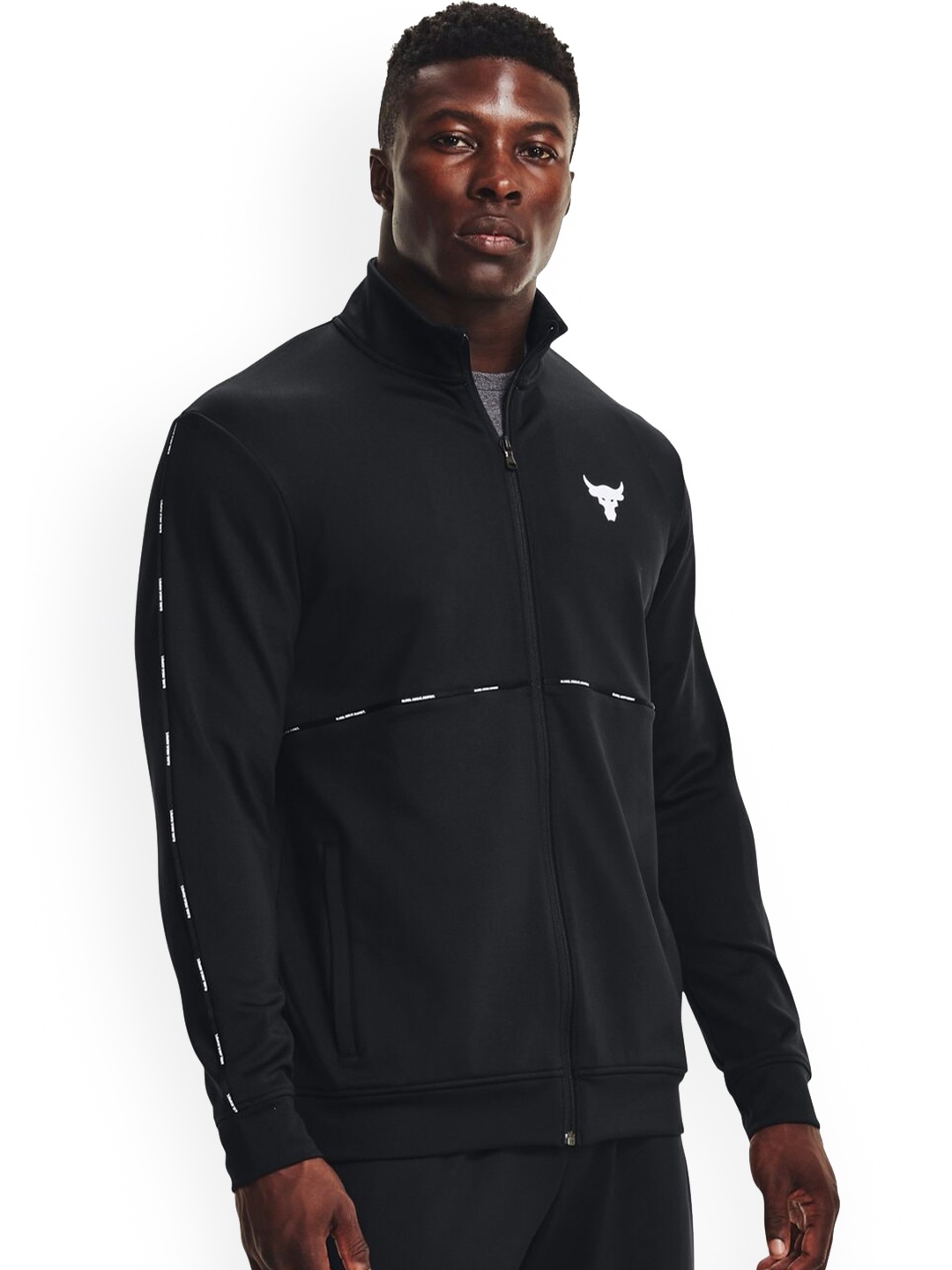 

UNDER ARMOUR UA Project Rock Knit Track Brand Logo Printed Stand Collar Sporty Jacket, Black